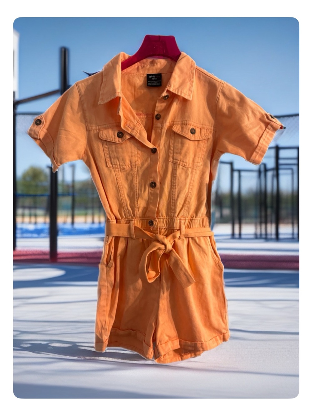 Girls  Orange Button-Front Short Sleeve Romper with Tie Waist